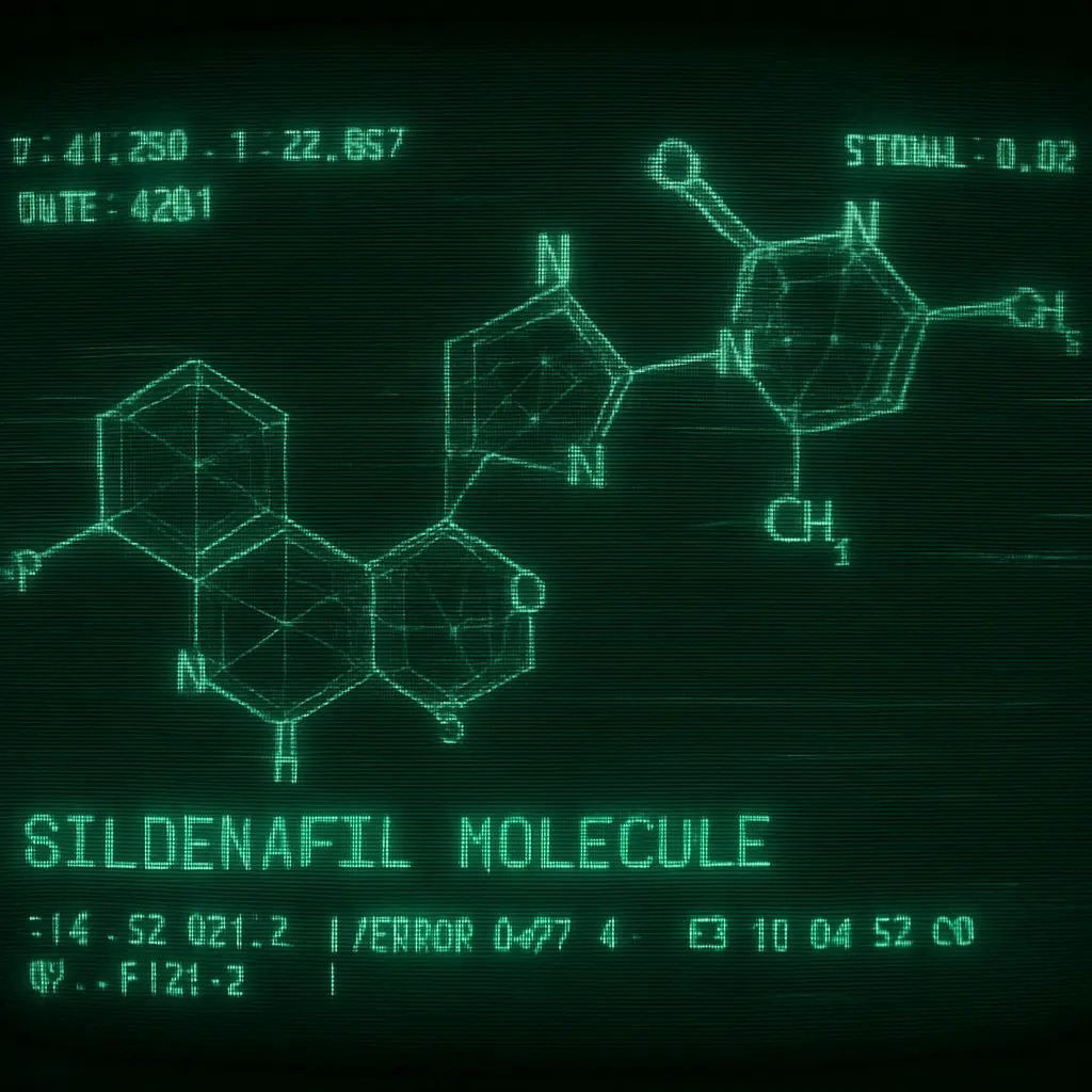 A retro, green-screen scan of the Sildenafil Citrate molecule.
